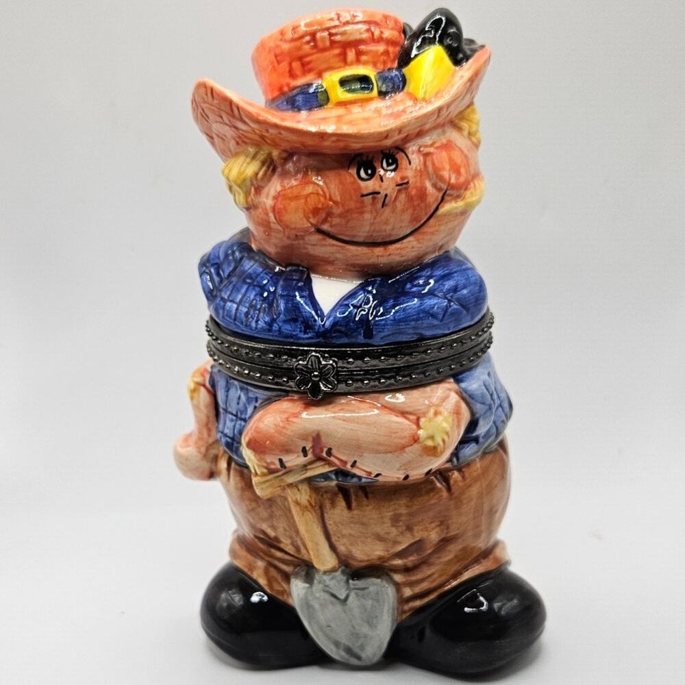 Vintage Ceramic Scarecrow Trinket Box Hinged Halloween Fall Harvest Decor